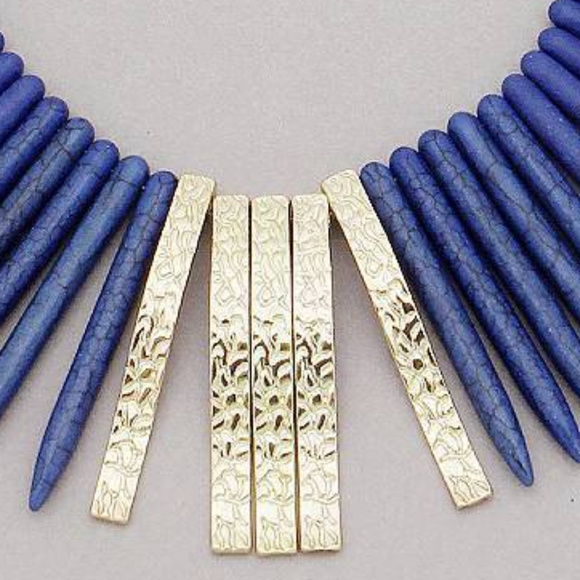 Royal Blue Stone Spike Drops Gold Necklace Earring - Picture 2 of 4